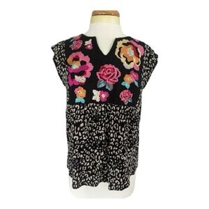 Savanna Jane Cheetah Print/Floral Embroidery Boho Blouse